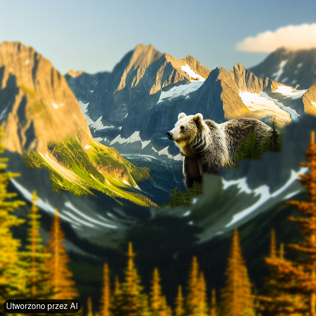 Mountain landscape with bear - Utworzono przez AI